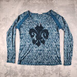 Silver Jeans Henley Top XL Blue Burnout Fleur de Lis Semi Sheer Tshirt Tee Soft